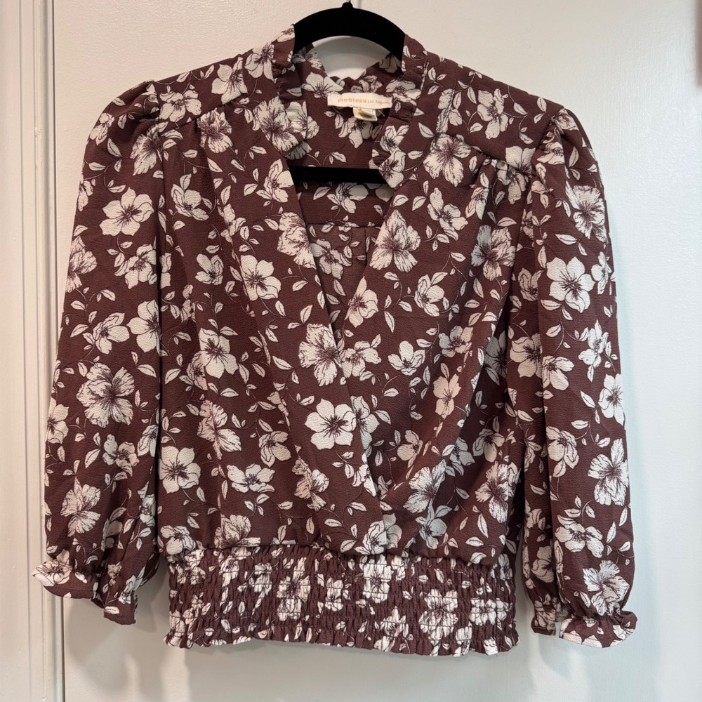 Monteau Los Angeles Floral Blouse Womens Large Brown‎ White Long Sleeve